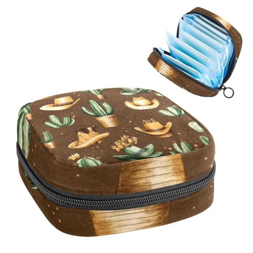 Sanitary Napkin Storage Bag for Women Cute, Feminine Menstruation Pad Holder for Period, Portable Zipper Menstrual Pad Bags Western Vintage Cowboy Wild West Caps Boots Cactus