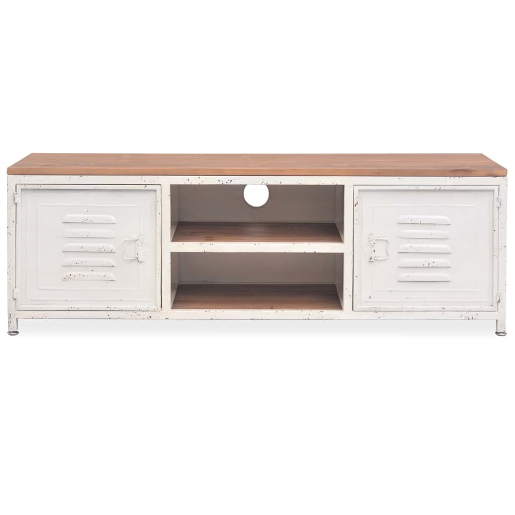 Szafka pod telewizor 120 x 30 x 40 cm, biała, styl industrialny, z ocynkowaną stalą i litego drewna jodłowego, niska szafka z miejscem do przechowywania, 2 półki i drzwi do salonu i sypialni