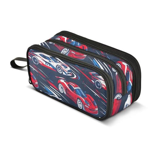 Image of Sports Racing Cars Pencil Case Box Boys Girls Large Pencil Pouch Zipper Compartments Big Capacity Stationery Pen Bag Organizer for Kids Teens Adults School Office