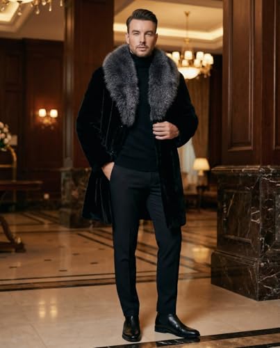 Image of Long Faux Fur Coat Outwear Black Winter Parka Overcoat for Men
