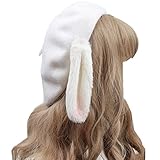 March9 Teen Girls Kawaii Anime Cartoon Rabbit Bunny Ear Lolita Beret Hat Cosplay Vintage Lolita Wool Cap Warm Beanie Hat (White)
