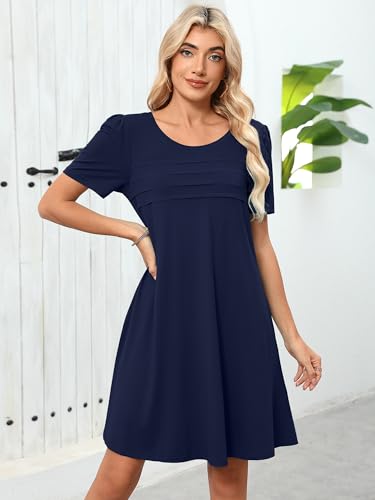 Image of Heymoments Women's Short Sleeve Crewneck Sundress Summer Casual A-Line Beach Dress with Pockets S-2XL