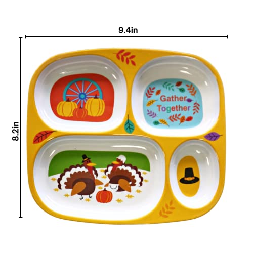 4E's Novelty Fall Thanksgiving Dinnerware Divided Plates For Kids Melamine Plastic - Set Of 4 Thanksgiving Themed Dishes Plates, Bpa Free, Top Rack Dishwasher Safe #TOP5