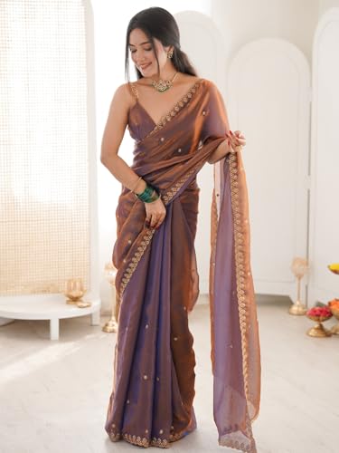 Image of AKHILAM Women's Shimmer Tissue Embroidered Saree With Unstitched Blouse Piece