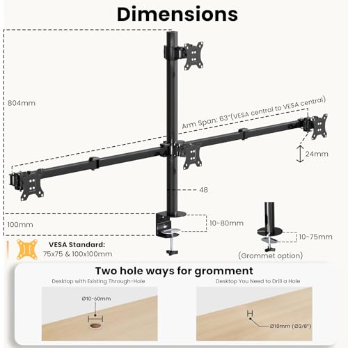 Quad Monitor Mount for 17-32 Inches - Fully Adjustable Heavy Duty 4 Monitor Arm Desk Mount, Max Load 22lbs per Screen, Clamp/Grommet, VESA 75/100 mm, Black by PUTORSEN - Used condition - Image 5