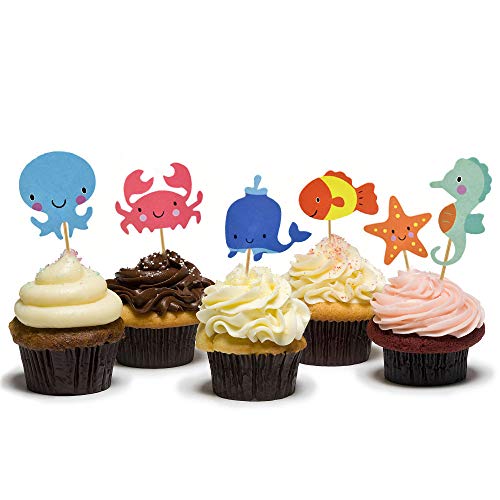 HOKPA Ocean Theme Cupcake Toppers Food Picks Dolphin Seahorse Starfish Fish for Ocean Nautical Theme Party Baby Shower Kids' Birthday Cake Supplies (48PCS)