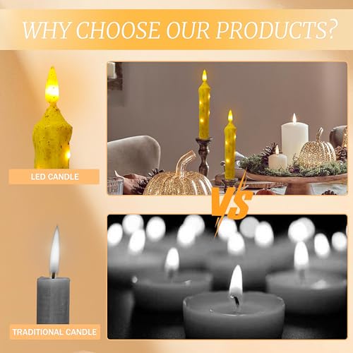 Image of 6.5 Inches Primitive Real Wax LED Flameless Short Candlesticks Hand Dipped Battery Operated Taper Candles with Timer Remote Candles for Vintage Rustic Home Decor, Pack of 4(Yellow)