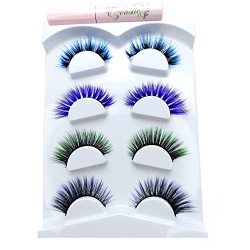 Fake Colored Eyelashes (4 Pairs)- 3D Eye Lashes Extension (# 3 - Dark/blue, Purple/Black, Black/Green, Dark Purple With Black Adhesive (3 ml) Eyelashes Glue)