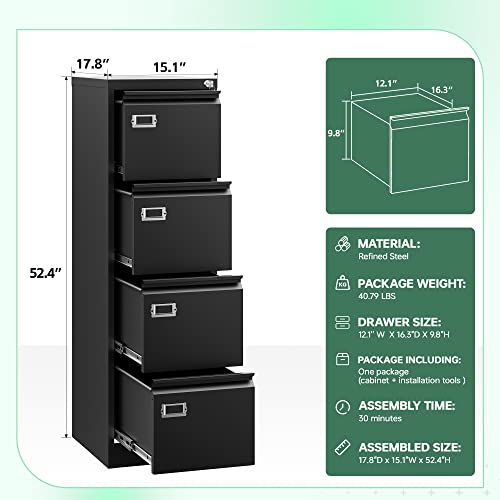 Letaya 4 Drawer File Cabinet,Metal Vertical Filing Cabinets With Lock,Storage A4/F4/Letter/Legal For Home Office-Assembly Required (4 Drawer-Black) #TOP2