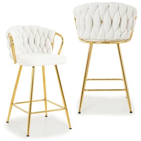 Msutree Bar Stools Set of 2, Bar Height Bar Stools with Backs, Modern Fabric Upholstered Counter Bar Stools with Solid Metal Legs, 26" Tall Stools for Kitchen Island Home Bar, Cafe Pub, White Cover