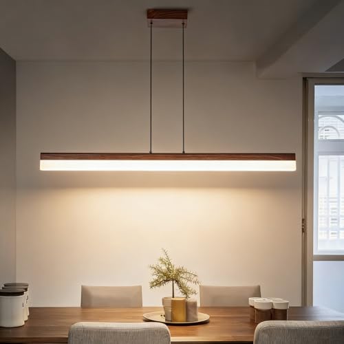 MASIVEL 39' Modern Linear Pendant Light Dimmable LED Ceiling Hanging Light Fixtures Woodgrain...