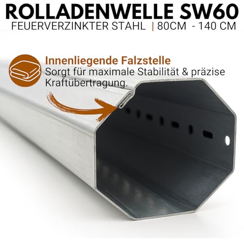 Foto von Rolladenwelle SW60 Komplettset Stahlwelle für Rollladen, Achtkantwelle mit Ø 60mm Durchmesser | Fixmaße 140 cm - Umrüstset für Einbau Rolladenmotor