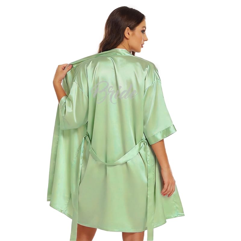 Image of Women's Bride Bridesmaid Robes Short Satin One Size Silver Rhinestones Wedding Party Getting Ready Sleepwear