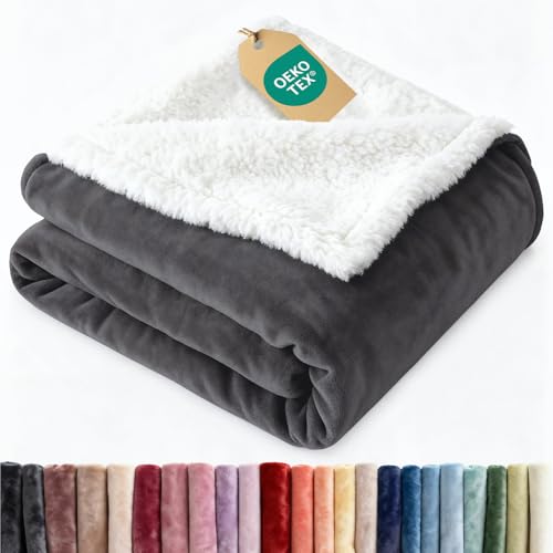 Sherpa Fleece Blanket Queen Size - Reversible Sherpa Fleece Queen Blanket - Super Soft Double Sided for Bed Sofa Couch - Thick Warm and Plush - Luxurious Bedding for Winter - Dark Grey 90 x 90