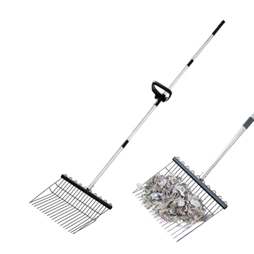 Krujecnt Rastrello Manuale In Acciaio Inossidabile | Manico Lungo Rastrello Resistente | Attrezzi Agricoli Per Letame Foglie Prato Giardinaggio