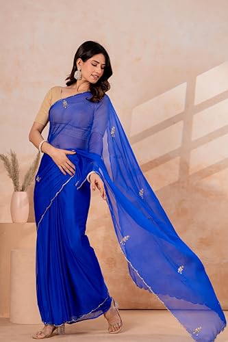 Image of Chiffon Saree for Women with Sequin Embellishments | Wedding Saree | Festival Saree | Designer Saree for Women | Royal Blue