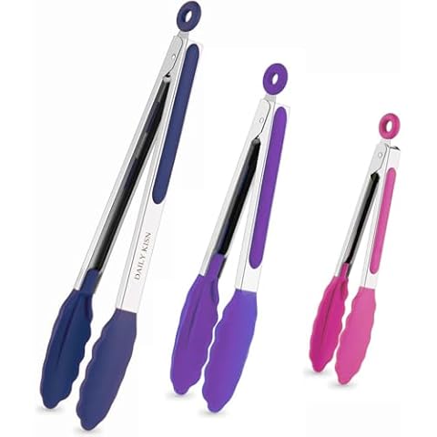 Kitchen Tongs Set of 3, Cooking Tongs with Silicone Tips, Stainless Steel Serving Tongs, Non-Scratch Heat Resistant Tongs for Grilling Cooking BBQ Salad Buffet (Pink/Purple/Navy, 7/9/12 Inch) Cover