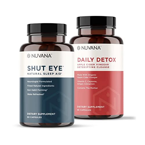 Shut Eye Natural Sleep Aid 60 Vegan Capsules (1 Bottle) Bundle with Daily Detox Cider Cleanse 90 Vegan Capsules (1 Bottle) | Valerian Root, Melatonin, Chamomile | Apple Cider Vinegar w/The Mother