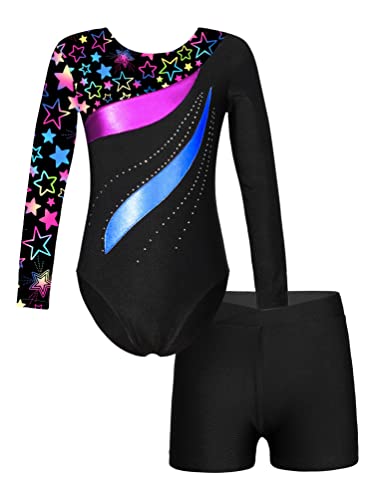 dPois Girls Kids Gymnastics Leotard Outfits Long Sleeve Printed Bodysuit with Shorts Sets Athletic Dance Unitard Star Black 7-8 Years