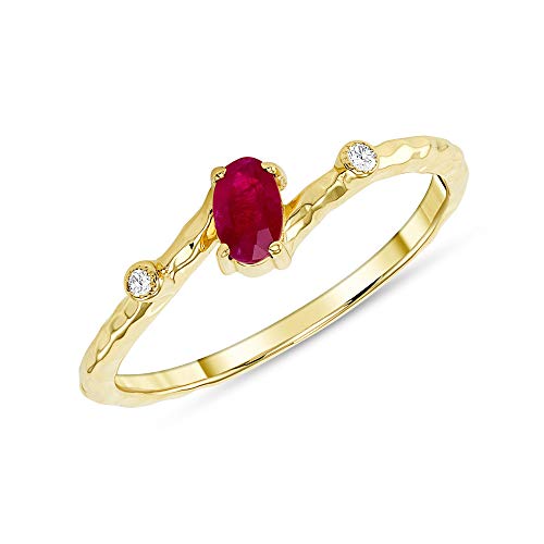 10k Gold Dainty Diamond and Genuine Oval-Shape Solitaire Ruby Birthstone Ring, Red Gemstone Promise Ring, Stackable Gold Ring For Women, Fine Gold Jewelry Gift Made In USA.