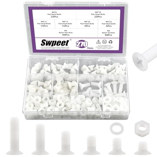 Swpeet 270 tornillos de cabeza plana Phillips de nylon blanco M8 con tuercas y juntas, tornillos de cabeza plana avellanada de nylon, tornillos roscados de nylon, longitud 8/10/12/15/20/25 mm