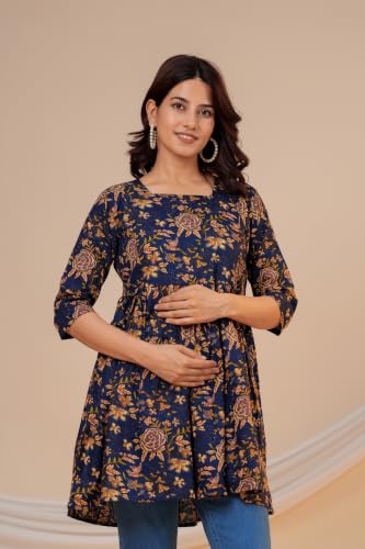 Image of THE Moon Star Women's Cotton Floral Printed Anarkali Maternity Feeding Kurti | Breastfeeding Dress for Mothers | Zipper Feeding Kurti, Nursing Kurti, Comfortable and Trendy Maternity Wear