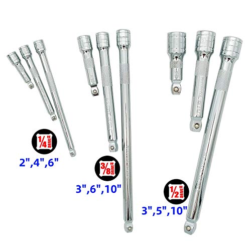 Vastools Wobble Socket Extension Bar Set 9-Pcak, 1/4",3/8" And 1/2" Drive Extension, Cr-V Steel & Visibility Markings, Partially Inserted For Wobble, Vastools #TOP2