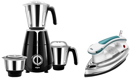 Image of Wipro Elato 1000 Watt, 100% Copper Motor, Mixer Grinder with 3 Jar, Black + Elato GD 203 Heavy weight Electric Dry Iron Box, 1200 Watt, Blue (Build Your Home Kit(BYHK))