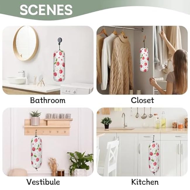 Plastic Bag Holder Set of 2 Cherries Plant Grocery Bags Holders Shopping Trash Bag Dispenser Wall Mount Reusable Kitchen Storage Organizer 20.5 x 8.7 in