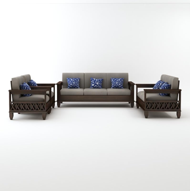 Image of STRATA FURNITURE Sheesham Wood 7 Seater Sofa Set for Living Room | Wooden 3+2+1+1 Seater Sofa Set Furniture for Bedroom Home Hall and Hotels (Walnut Finish)