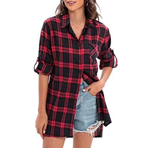 Versear Femme Robe Chemise à Carreaux Manche Longue Oversized Boyfriend Boutonné Tunique Shirt Blouse Rouge, 3XL Cover