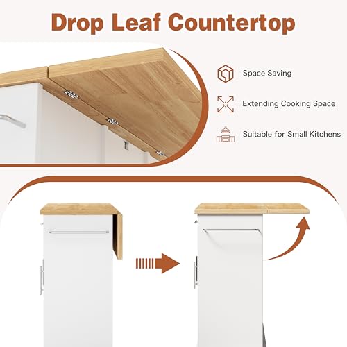 JY QAQA 42\" Kitchen Island with Storage on Wheels, Rolling Table with Drop Leaf, Drawers, Cart Handle for Towel Rack or Free Movement, White
