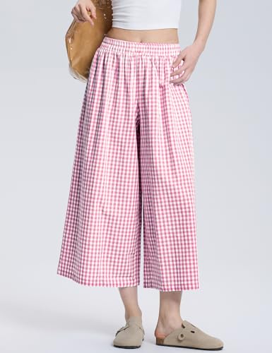 Image of LOMON Womens Wide Leg Capri Pants Gingham Plaid Culottes Summer Elastic Waist Palazzo Trousers Bottoms with Pockets