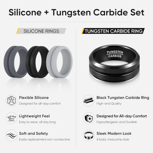 1 Tungsten Carbide and 3 Silicone Rings-Men's Wedding Band Set,Fit Size 8 - image 3