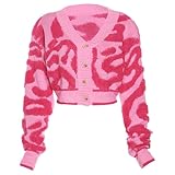 Perbai Womens V Neck Button Down Long Sleeve Colorblock Y2K Cropped Cardigan Sweater Jacket(Pink-S)