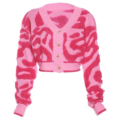 Perbai Womens V Neck Button Down Long Sleeve Colorblock Y2K Cropped Cardigan Sweater Jacket