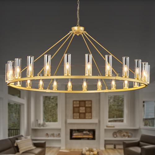 Image of 24 Light Large Wagon Wheel Chandelier with Clear Glass Shade Gold Round Pendant Light Farmhouse Industrial Chandeliers Dining Room Light Fixture for Stair Living Room Foyer Kitchen
