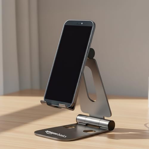 amazon basics Aluminum Adjustable Mobile Phone Foldable Tabletop Stand Dock Mount for All Smartphones, Tabs, Kindle, iPad (Black)