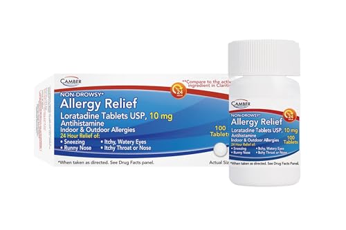 Camber Loratadine 10mg Allergy Pills Antihistamine 24 Hour Non Drowsy Allergy Relief (100 Tablets)