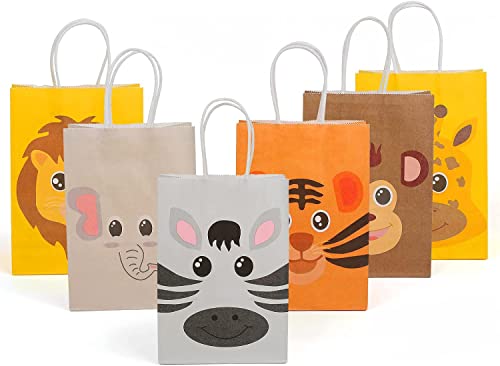 DERAYEE 12 Stück Geschenk Tüten,21 x 15 x 8 cm Papiertüten mit Tierbildern,Bunt Griffen Kraftpapiertüten für Kindergeburtstag,Hochzeit,Party und Weihnachten Cover