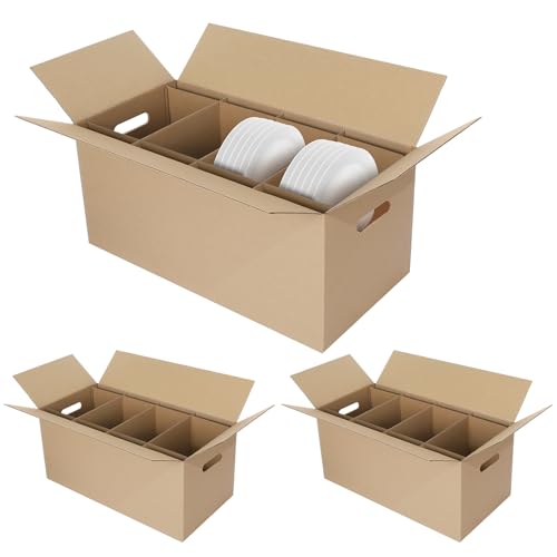 Image of Fuyoooo 3 Sets Dish Packing Kit Include 1 Box 5 Dividers 1 Base Plate Each Set Kitchen Moving Boxes Glassware Packing Kit Dish Containers Supplies for Moving Dishes Glassware (24 x 12 x 11 Inches)