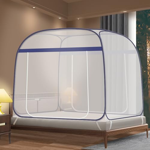 VAODO Pop-Up Mosquito Net 180cm*200cm Portable Mosquito Netting with Bottom Mesh Tent Folding Bed Tent with Double Entry for Baby Adults Blue