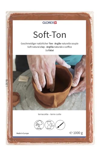 GLOREX 6 8075 237 - Soft Ton terracotta 1000 g, natürlicher, besonders weicher und geschmeidiger Ton, lufthärtend und für Brennofen geeignet, sehr gut für Kinder geeignet