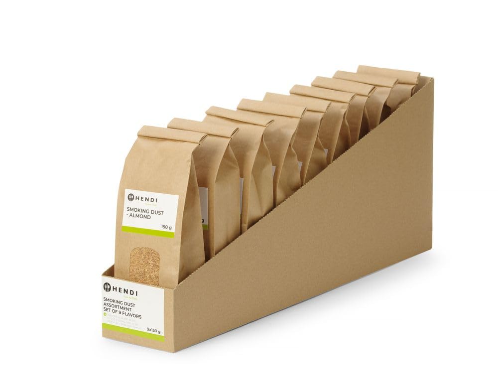 HENDI Trucioli, segatura, di legno, essenze aromatiche, per affumicatura a freddo, set di 9 aromi, mandorlo/faggio/olivo/agrumi/quercia/pesca/vino rosso/whisky/cognac, affumicatore, 1,4 kg (9x150 g)