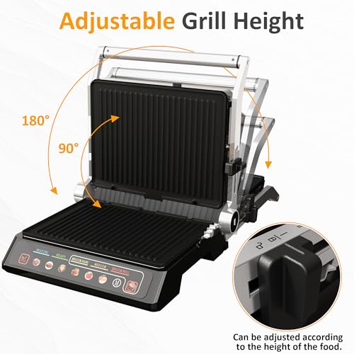 Image of Sunvivi Indoor Grill & Griddle with Preset Menu, 1600W Electric Panini Press Sandwich Maker, Removable Nonstick Plates, Locking Lid, Double-sided Grill with 180 Flat Opening, Stainless Steel, Black
