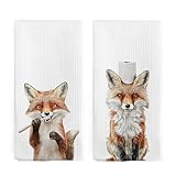 nvucamd Funny Fox Gifts Hand Towels for Bathroom Set of 2, Fox Decor Dish Tea Towels, Foxes Hand Towel for Toilet Washroom Nursery Kitchen Decor, 16x24 Inch