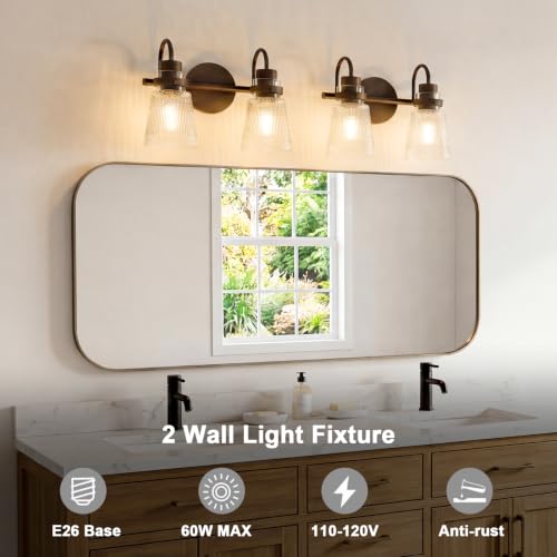 Image of 2-Light Bathroom Vanity Light, 13.8 Inch Farmhouse Bathroom Light Fixtures with Clear Striped Glass Shade, Oil Rubbed Bronze Wall Sconce Lighting Over Mirror for Bedroom Hallway Cabinet