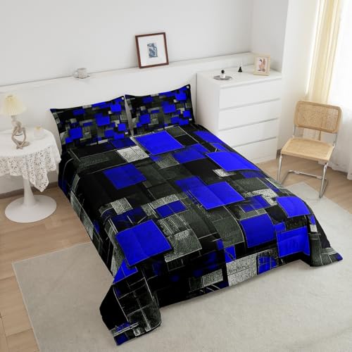 Image of Feelyou Kids Blue Black Comforter Set King Size, Geometric Grid Bedding Set Geometrics Comforter for Boys Girls Abstract Art Duvet Insert with 2 Pillow Case