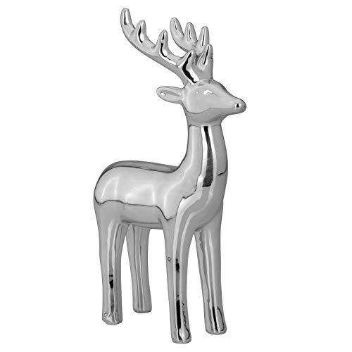 H.Bauer jun. Deko-Rentier Tierfigur aus Porzellan - silberfarbene Weihnachtsdeko, große glänzende Winterfigur zum Aufstellen, Elegante Tischdeko & Elegante Wohndeko - Höhe 20,5 cm