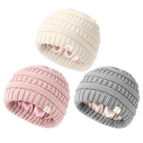 Image of YANIBEST 3 Packs Toddler Winter Hat Satin Lined Baby Beanie Infant Skull Cap Knit Warm Soft Winter Hat Girls Boys